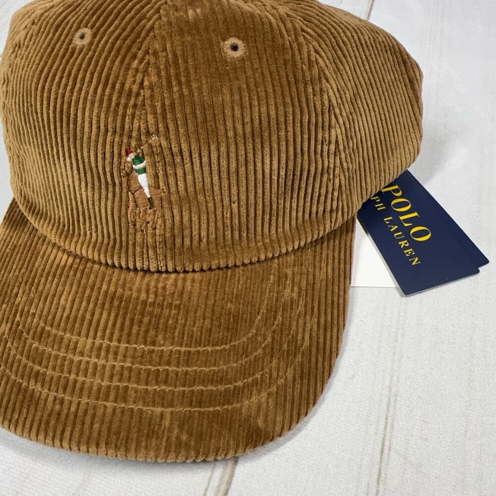 PRL Brown Corduroy Hat Leather Strap Pony Logo Cap Polo Ralph Lauren